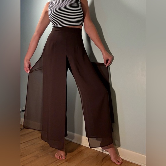 MSK Chocolate Wide-Leg Chiffon Women's Pants, Brown Panel Overlay Dress Pants M - Picture 3 of 16
